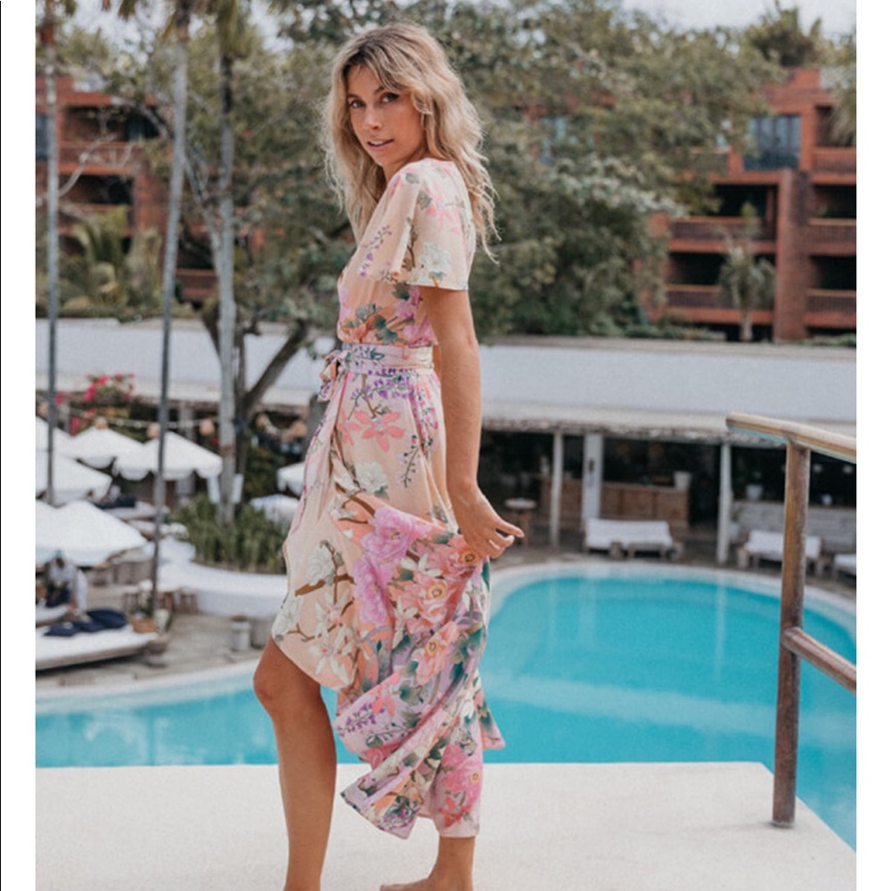 Pink Ruffle Boho Floral Gypsy Print Maxi Dress - Picture 6 of 11